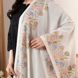 White Pashmina Fine Wool Border Nalki Floral Pastel Hand-Embroidered Stole