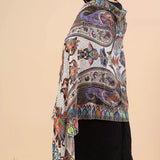 White Silk Wool Stole for Women - Fine Soft Shikaardar Print