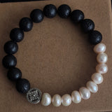 Himalayan Freshwater Pearl & Lava Stone Yin Yang Style Bracelet