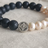 Himalayan Freshwater Pearl & Lava Stone Yin Yang Style Bracelet