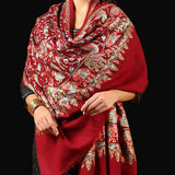 Tilla Embroidery Fine Pashmina Wool Shawl – Wine Red
