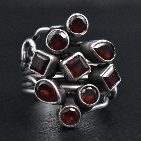 Handcrafted Artisan Himalayan Red Garnet Cluster Silver Sterling Ring