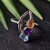 Multi Stone Amethyst Aquamarine and Citrine Silver 925 Ring - Baga Ethnik Living Default Title Rings