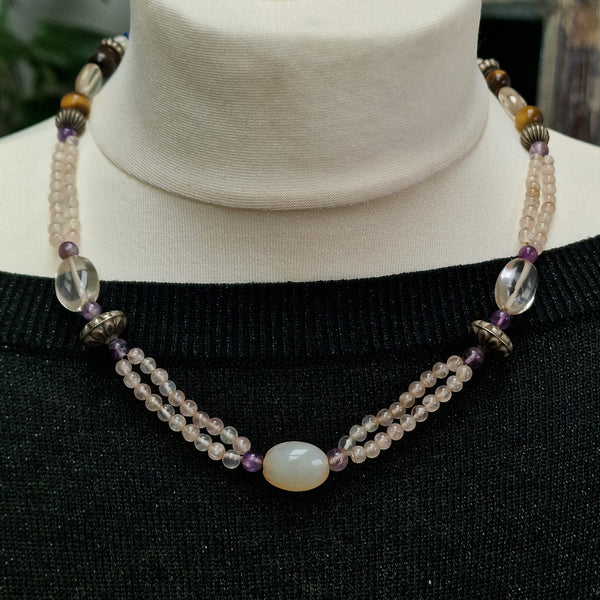 Rose quartz, Quartz, Tiger Eye Multi-Stone Beaded Necklace
