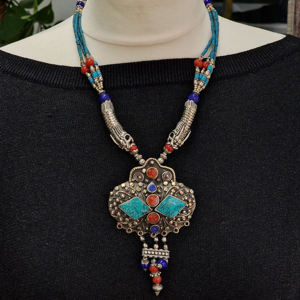 Alluring Tibetan Multi-Stone Necklace with Intricate Designed Silver Beads