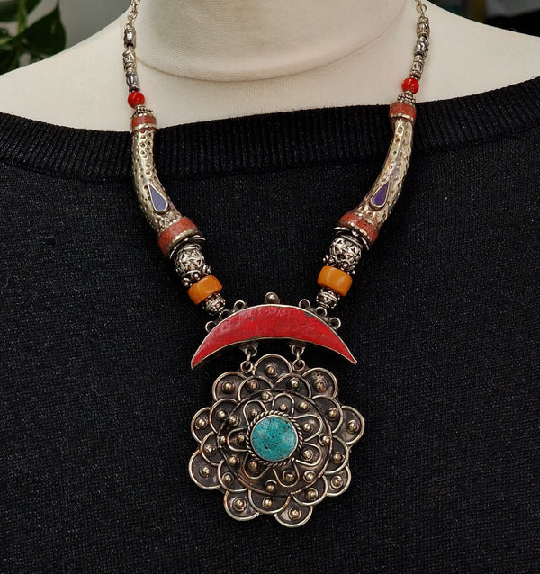 Wonderous Tibetan Multi-Stone Handcrafted Silver Necklace