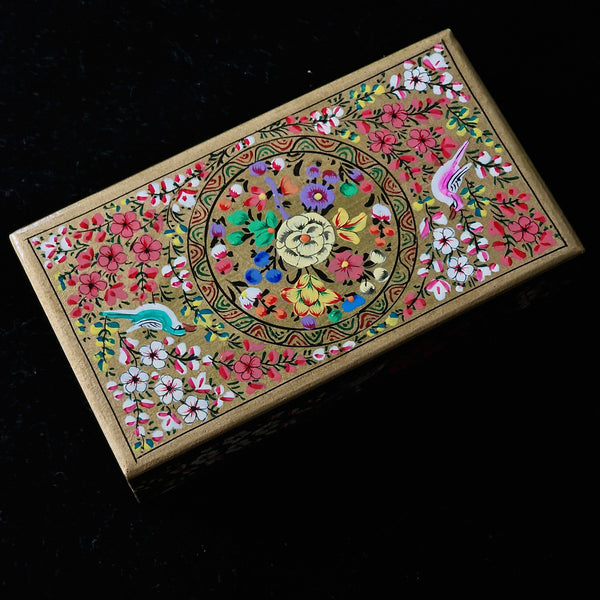 Extravagant Gold Painted Handcrafted Kashmiri Floral Design Paper Mache Box
