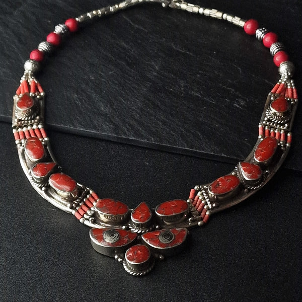 Vibrant Red Coral Tibetan Silver Handmade Necklace