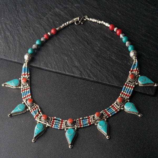 Intricate Tibetan Turquoise and Coral Handmade Silver Necklace