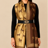 Reversible Fine Wool Shawl – Coffee & Gold Horse Motif Design