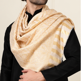 A beige and gold patterned shawl or pashmina scarf shown on a model from multiple angles, including a back view, a front view, and close-up detail panels. The model is wearing a black kurta against a neutral studio background.