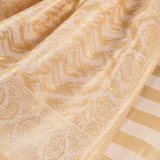 A beige and gold patterned shawl or pashmina scarf shown on a model from multiple angles, including a back view, a front view, and close-up detail panels. The model is wearing a black kurta against a neutral studio background.