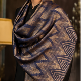 Moonlight Reversible Fine Wool Stole – Navy & Gold Geometric Design