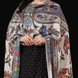 White Silk Wool Stole for Women - Fine Soft Shikaardar Print