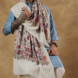 Men’s Fine Wool White Pashmina Shawl – Elephant & Peacock Kashmiri Design