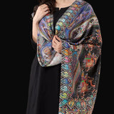 Womens Fine Soft Silk Wool Stole – Black Shikaardar Elephant Print