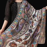 White Silk Wool Stole for Women - Fine Soft Shikaardar Print