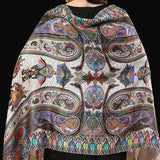 White Silk Wool Stole for Women - Fine Soft Shikaardar Print
