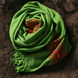 Bright Green Tibetan Angora Stole – Kullu Border Lightweight Wrap