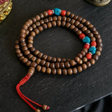 Tibetan 108 Mala Beads Necklace – Dark Yak Bone, Turquoise & Coral