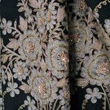 Handmade Bunch Flower Embroidery Black Pashmina Stole