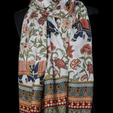 Floral Elephant Print Silk Wool Blend White Pashmina Stole