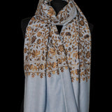 Pure Pashmina Gold Floral Design Nalki Embroidery Stole – Mist Blue