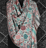 Pink and Teal Rose Motif Kani-Style White Stole – Silk Modal Blend