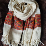 Pure White Tibetan Angora Stole – Kullu Border Tassel Wrap