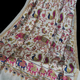 Shikaar Tilla Embroidery Fine Wool White Pashmina Shawl – Elephant & Peacock Design