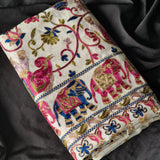 Shikaar Tilla Embroidery Fine Wool White Pashmina Shawl – Elephant & Peacock Design