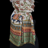 Floral Elephant Print Silk Wool Blend White Pashmina Stole