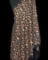 Chinar Leaf Pashmina Fine Wool Nalki Black Hand-Embroidered Stole