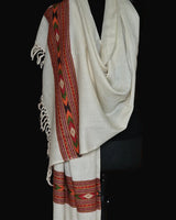 Pure White Tibetan Angora Stole – Kullu Border Tassel Wrap