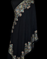 Noir Black Pashmina Fine Wool Border Nalki Floral Hand-Embroidered Stole