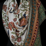 Floral Elephant Print Silk Wool Blend White Pashmina Stole