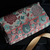 Pink and Teal Rose Motif Kani-Style White Stole – Silk Modal Blend