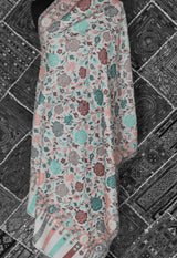 Pink and Teal Rose Motif Kani-Style White Stole – Silk Modal Blend