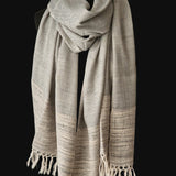 Cloud Grey Yak Wool Stole – Woven by Hand, Edged in Raw Wool