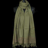 Sage Green Yak Wool Shawl – Handspun Fine Wool, Brown Raw Borders, Artisan Crafted - Baga Ethnik Living Default Title Accessories:Scarves & Wraps