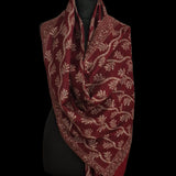 Pure Wool Silver Zari Floral Embroidery Stole - Maroon Red
