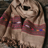 Tsampa Brown Tibetan Angora Stole – Kullu Border Tassel Wrap