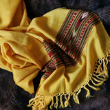 Vibrant Yellow Tibetan Angora Stole – Kullu Border Tassel Wrap
