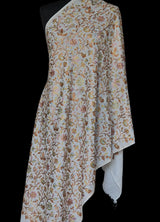 Chinar Leaf White Pashmina Fine Wool Nalki Hand-Embroidered Shawl