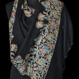 Noir Black Pashmina Fine Wool Border Nalki Floral Hand-Embroidered Stole