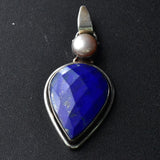 Statement Piece Faceted Lapis Lazuli and Pearl Sterling Silver 925 Pendant - Baga Ethnik Living