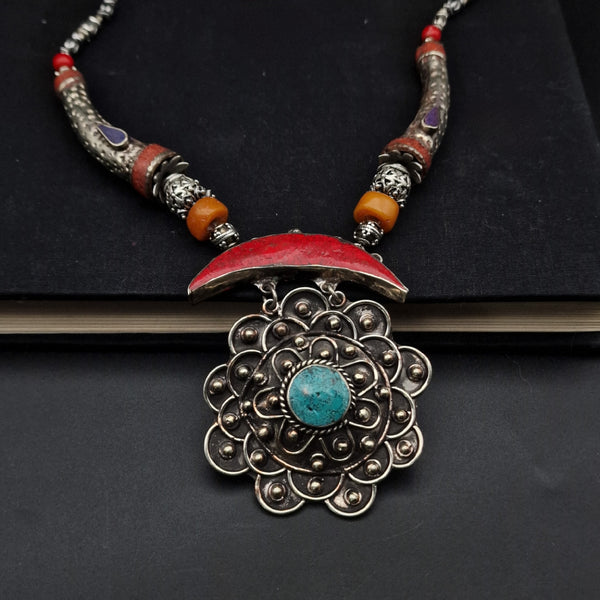 Wonderous Tibetan Multi-Stone Handcrafted Silver Necklace