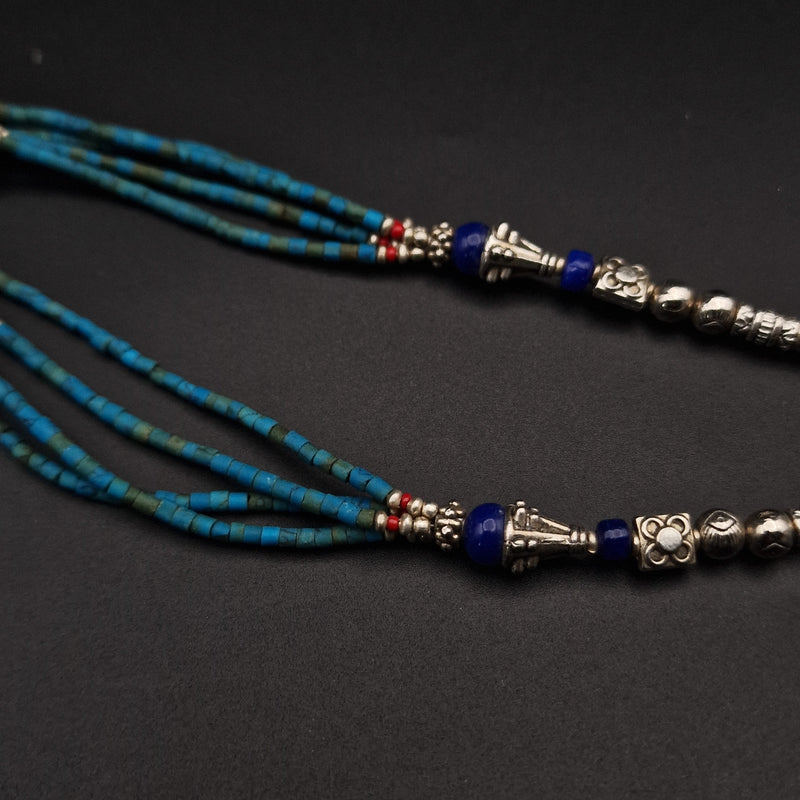 Alluring Tibetan Multi-Stone Necklace with Intricate Designed Silver Beads