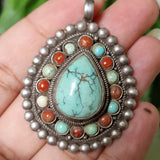 Handmade Vintage Turquoise and Coral Sterling Silver Pendant - Baga Ethnik Living Default Title Pendants
