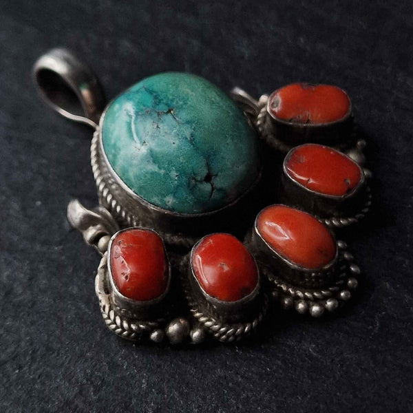 Gorgeous Turquoise and Coral Silver Sterling Pendant